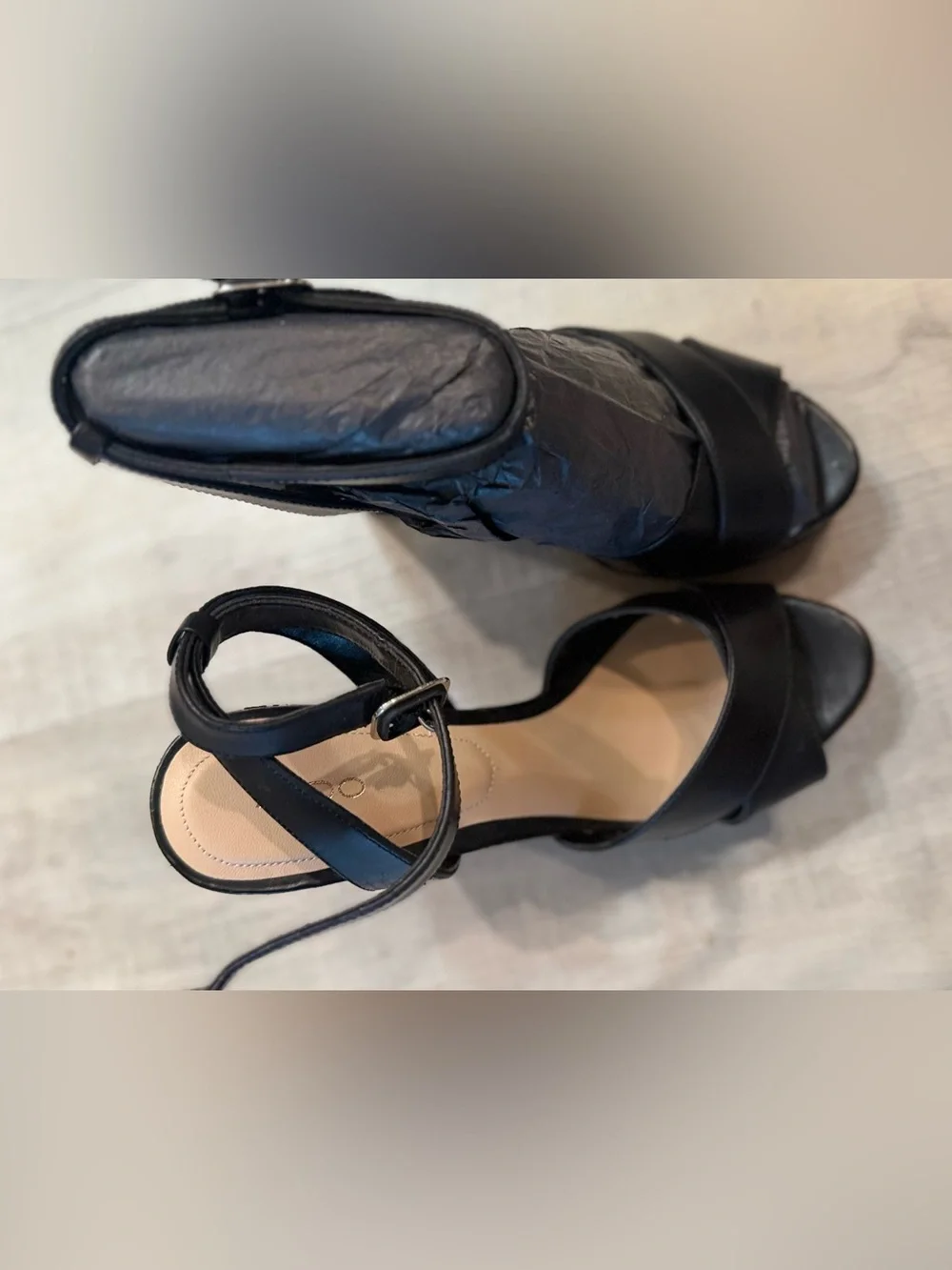 Aldo Black Leather Platform Ankle-Strap Heels